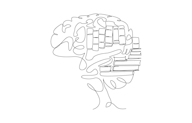 Un dibujo de línea de cerebro con pilas de libros dentro de la acumulación de concepto de conocimiento