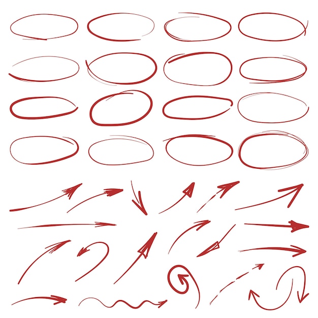 Dibujo de línea circular y icono de flecha en estilo dibujado a mano Ilustración de vector de garabato circular sobre fondo aislado Concepto de negocio de signo de burbuja de lápiz o pluma
