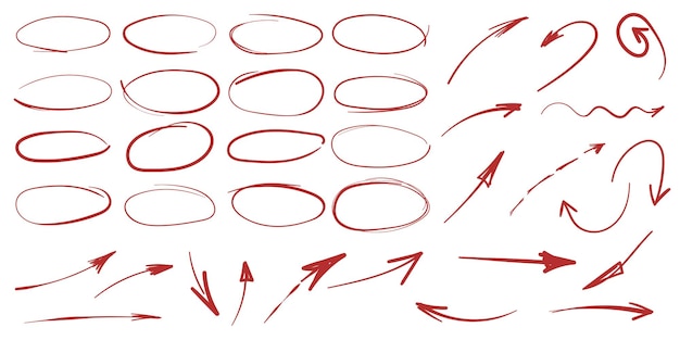 Dibujo de línea circular y icono de flecha en estilo dibujado a mano Ilustración de vector de garabato circular sobre fondo aislado Concepto de negocio de signo de burbuja de lápiz o pluma