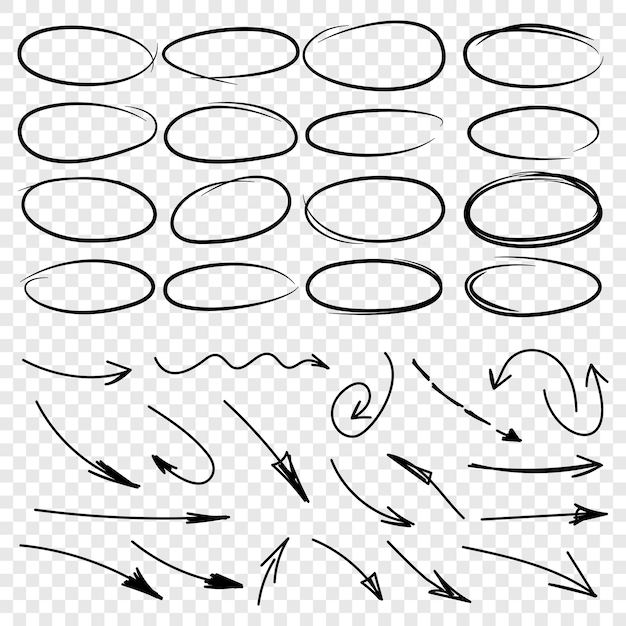 Dibujo de línea circular y icono de flecha en estilo dibujado a mano Ilustración de vector de garabato circular sobre fondo aislado Concepto de negocio de signo de burbuja de lápiz o pluma