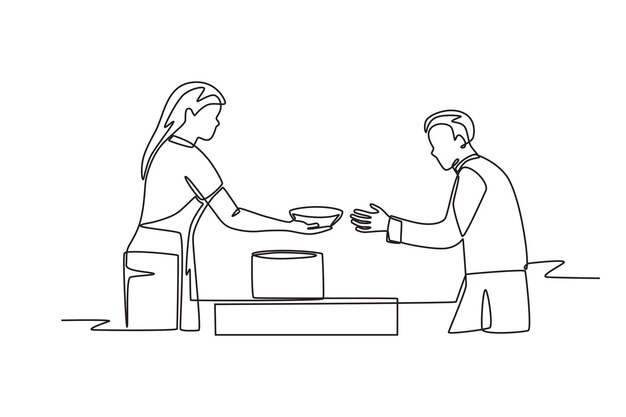 Dibujo en línea del concepto de servir en los comedores de sopa