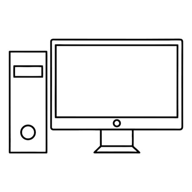 Dibujo de línea de una configuración de computadora de escritorio