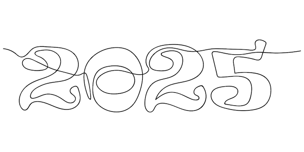 dibujo de línea continua 2025 diseño de números concepto de minimalismo de logotipo ilustración vectorial de Doodle