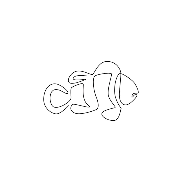 Un dibujo de línea continua de un adorable pez payaso, una mascota de pez anémona despojada para el ícono acuático.