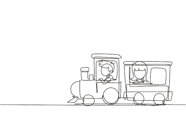 Dibujo de línea continua alegre de un niño y una niña en un tren en un parque de atracciones Niños felices en un tren de juguete o en un paseo por la feria Niños viajando Un dibujo de línea vector de diseño gráfico