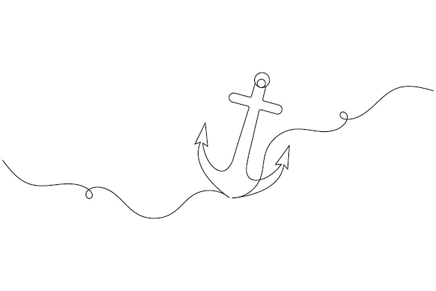 Dibujo de línea continua de ancla de barco y icono vectorial de contorno aislado de estilo minimalista