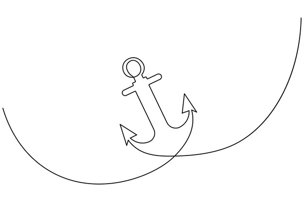 Dibujo de línea continua de ancla de barco y icono vectorial de contorno aislado de estilo minimalista
