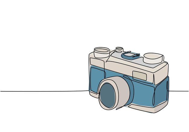 Un dibujo de línea continua antigua cámara de bolsillo analógica vintage vista lateral Fotografía clásica retro