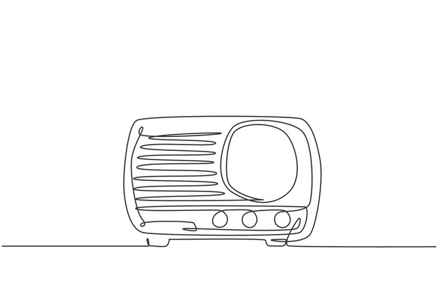 Un dibujo de línea continua del antiguo reproductor de radio clásico Concepto de elemento de altavoz de audio analógico vintage