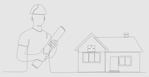 dibujo de línea continua arquitecto masculino construyendo una casa