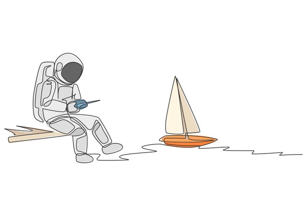 Un dibujo de línea continua de un astronauta jugando al control de radio de un velero en un vector espacial de galaxia lunar