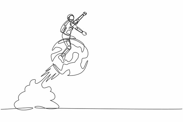 Dibujo de línea continua astronauta montando un cohete esfera globo volando en el diseño vectorial de la superficie lunar