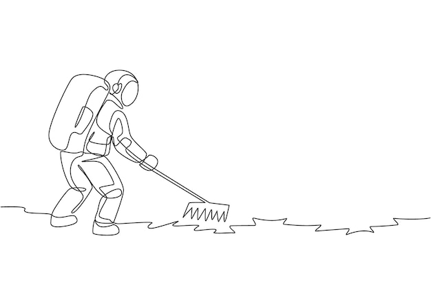 Un dibujo de línea continua de un astronauta nivelando y aplanando la tierra usando un rastrillo de metal en el vector lunar