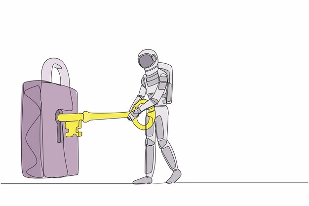 Un dibujo de línea continua de un astronauta poniendo una llave grande en el candado de seguridad de la compañía espacial