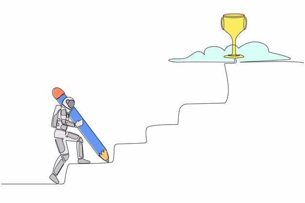 Un dibujo de línea continua de un astronauta usando un lápiz enorme para dibujar escaleras y caminar subiendo