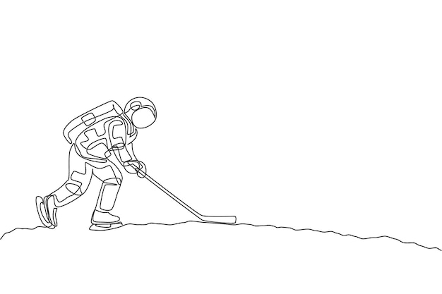 Un dibujo de línea continua de astronautas entrenando hockey sobre hielo en la superficie lunar de la galaxia del espacio profundo