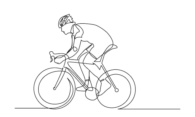 Dibujo de línea continua de un atleta en bicicleta con casco de seguridad