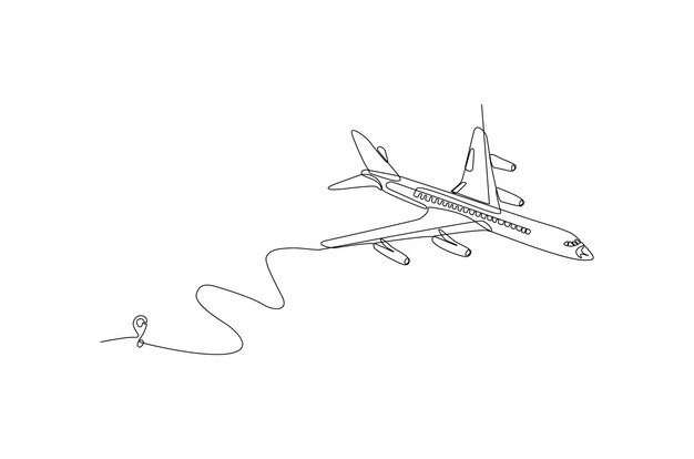 Dibujo de línea continua de un avión conectado con la ilustración de vector de símbolo de ubicación Vector Premium