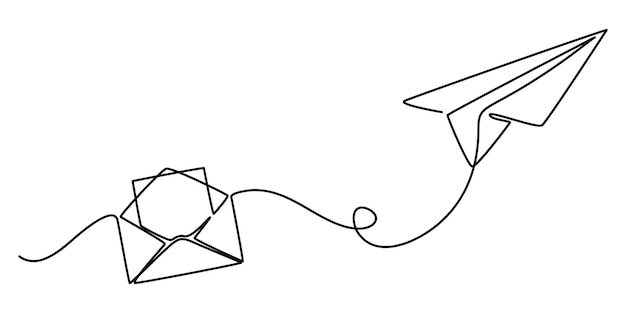 Un dibujo de línea continua de avión de papel volador y correo Concepto de metáfora de negocios y pro