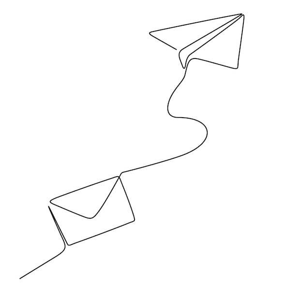 Un dibujo de línea continua de avión de papel volador y correo Envío de mensajes de correo electrónico y boletines