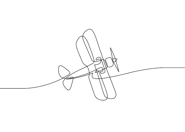 Dibujo de línea continua de avión a reacción Biplano de vuelo Ala en tándem El símbolo del despegue en el cielo
