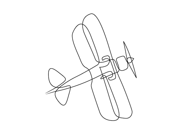 Dibujo de línea continua de avión a reacción Biplano de vuelo Ala en tándem El símbolo del despegue en el cielo