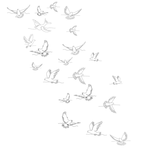 Dibujo de línea continua de una bandada de pájaros volando