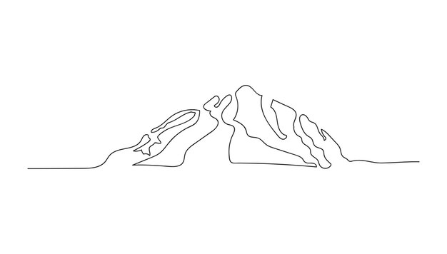 Un dibujo de línea continua de banner web de paisaje de cordillera con monturas en lineal simple