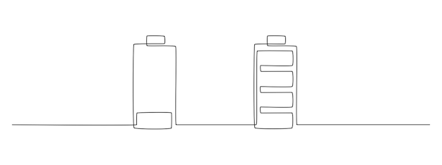 Vector un dibujo de línea continua de batería de carga baja y completa símbolo de concepto de salud mental y signo de tipo de energía eléctrica en estilo lineal simple ilustración de vector de contorno de trazo editable