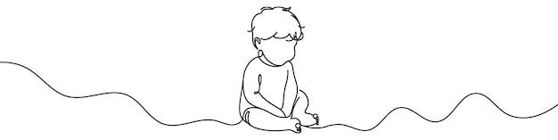 Dibujo de línea continua de bebé sentado y jugando