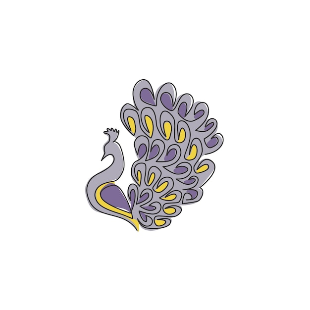 Un dibujo de línea continua de belleza adorable pavo real pájaro grande y bonito mascota para el zoológico nacional icona
