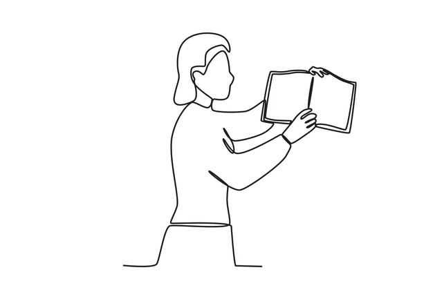 Un dibujo de línea continua de una bibliotecaria explica el contenido del libro.