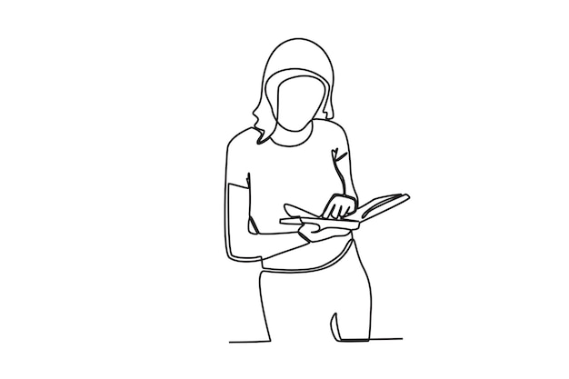 Un dibujo de línea continua de una bibliotecaria revisando el libro devuelto recientemente por un cliente