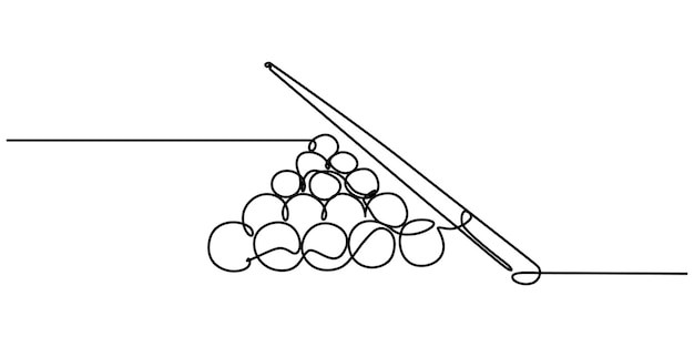 Un dibujo de línea continua de bolas de pirámide triangulares apiladas para el juego de billar de billar