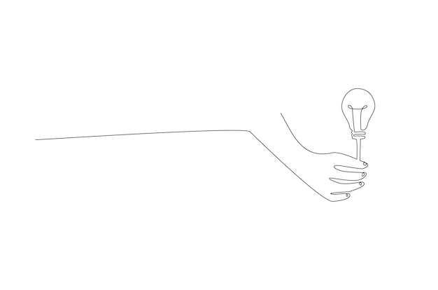 Dibujo de línea continua de una bombilla levantada en la ilustración de vector de mano Vector Premium