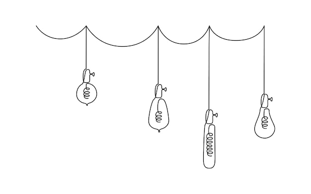 Un dibujo de línea continua de bombillas ilustración vectorial de colgantes loft lámparas eléctricas colgantes ...