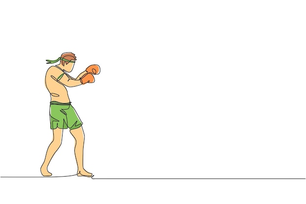 Un dibujo de línea continua de un boxeador deportivo muay thai pateando la cabeza del oponente en un partido