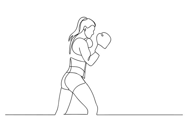 Dibujo de línea continua de una boxeadora en postura atlética con guantes y minimalista