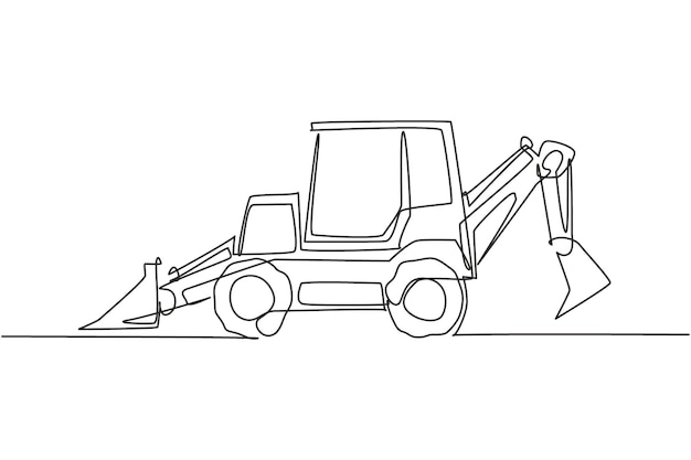 Un dibujo de línea continua de bulldozer para cavar tierra y nivelar el vector de camiones pesados de carretera