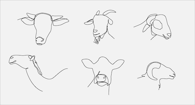 Un dibujo de línea continua de cabezas de vaca, cabra, camello y oveja