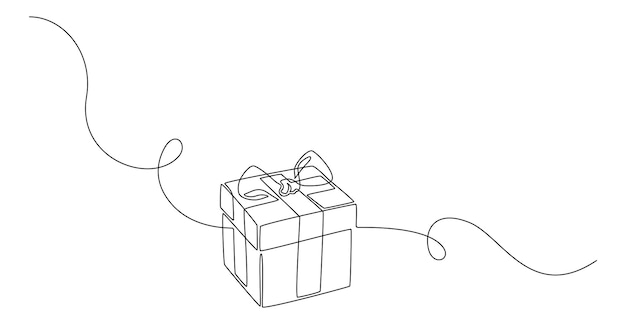 Un dibujo de línea continua de la caja de regalo de Navidad con cinta y lazo Regalo festivo y paquete sorpresa de cumpleaños envuelto en estilo lineal simple Doodle ilustración de vector de trazo editable