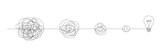 Un dibujo de línea continua del camino desde el caótico a la simplicidad y la bombilla Concepto de resolución de problemas y soluciones empresariales en estilo lineal simple Estroco editable Ilustración vectorial de Doodle