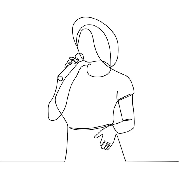 Dibujo de línea continua de cantante femenina con ilustración de vector de micrófono