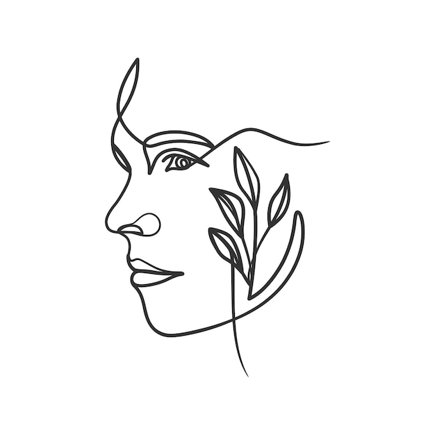 Dibujo de línea continua de cara de mujer. Rostro de mujer con planta. Retrato de mujer de una línea
