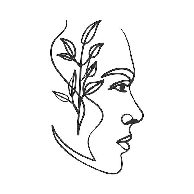 Dibujo de línea continua de cara de mujer. Rostro de mujer con planta. Retrato de mujer de una línea