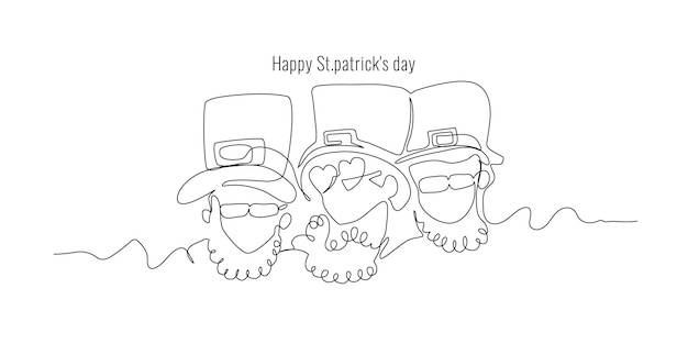 Dibujo de línea continua de las caras de tres hombres en el día de San Patricio