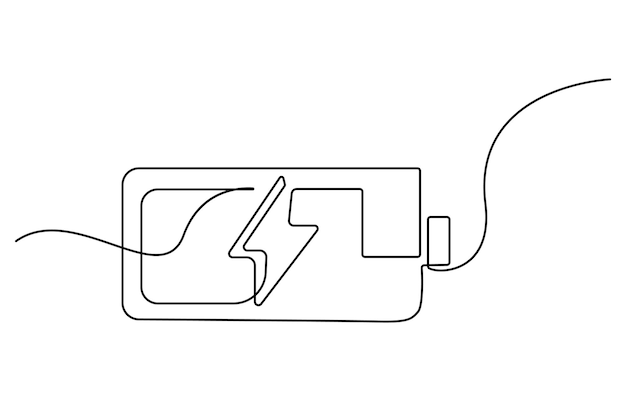 Un dibujo de línea continua de carga de la batería Símbolo del rayo y tipo de energía eléctrica