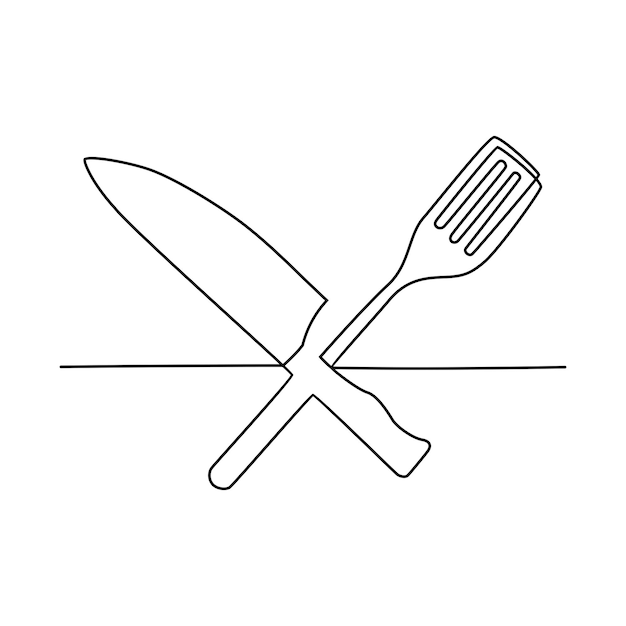 dibujo de línea continua de carne de menú de desayuno que sirve con tenedor y cuchillo ilustración vectorial