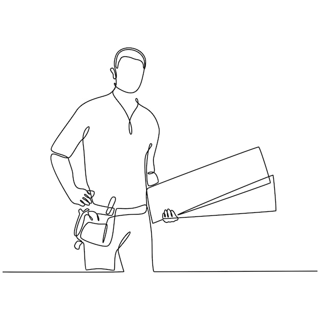 dibujo de línea continua de carpintero masculino sosteniendo varias tablas aisladas en vector de fondo blanco