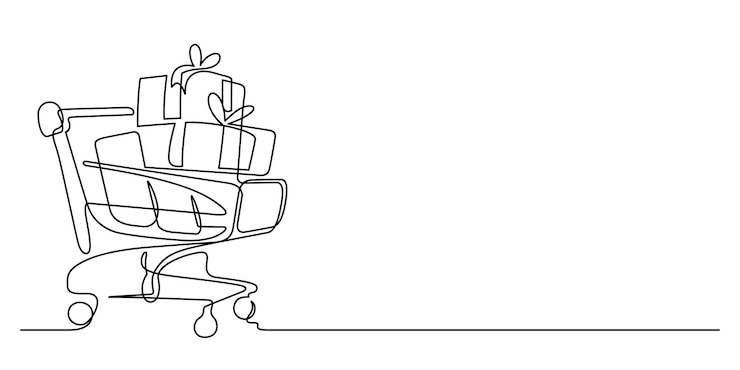 Vector dibujo de línea continua de carrito de compras con bolsas de compras y celebración de cajas de regalo